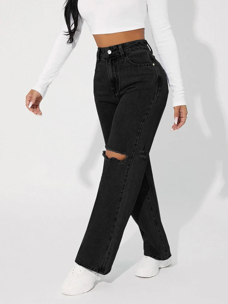 Fashion Hole In Knee Jeans Woman Loose Boyfriend Jeans