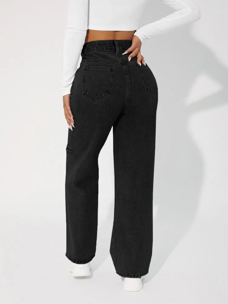 Fashion Hole In Knee Jeans Woman Loose Boyfriend Jeans