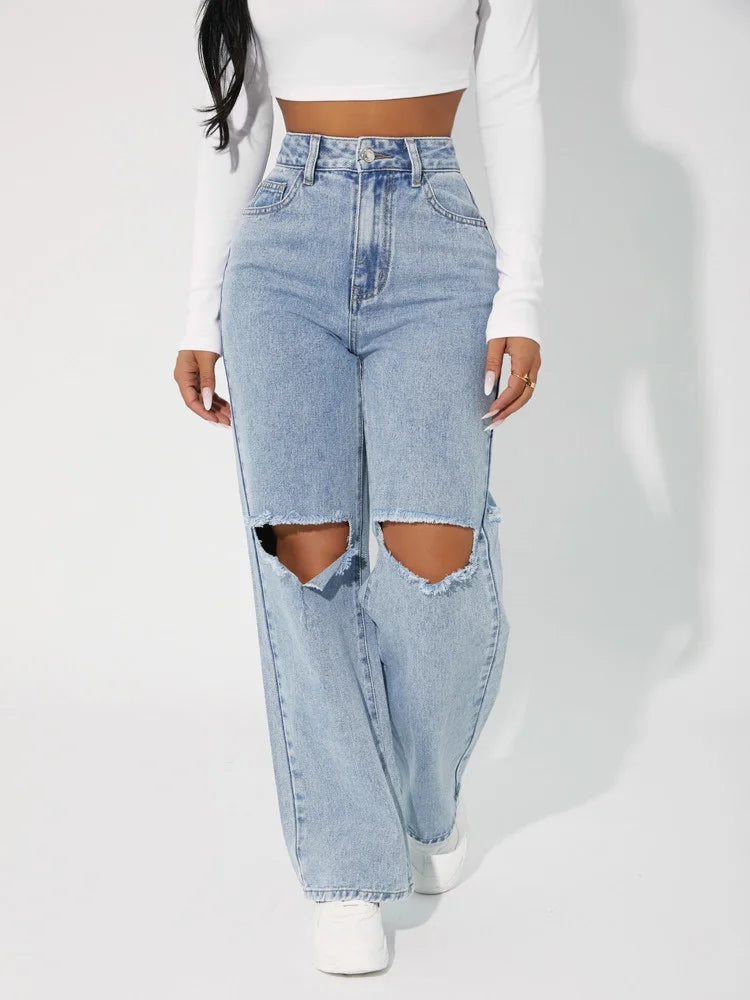 Fashion Hole In Knee Jeans Woman Loose Boyfriend Jeans