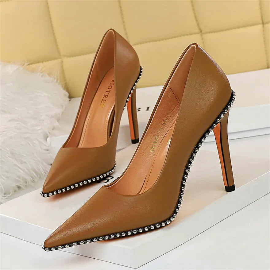 BIGTREE Sexy Rivets String Bead Women's Shoes Party Soft Leather Pointed Toe High Heels Pumps Spring Shallow Office Shoes Women