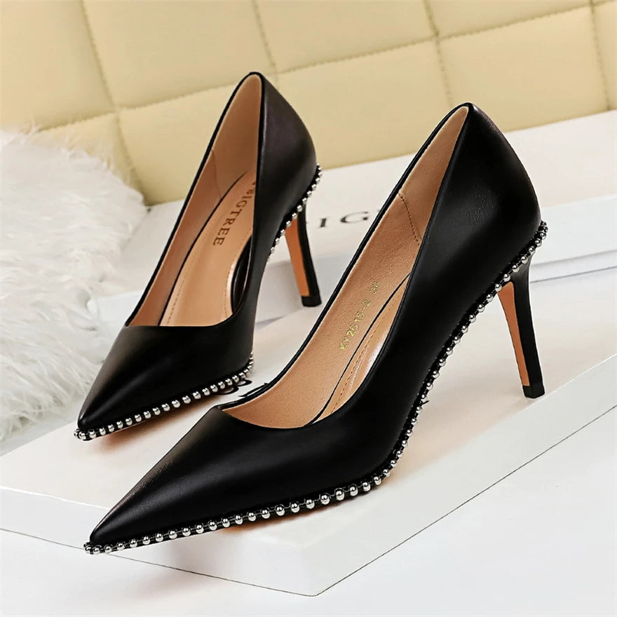 BIGTREE Sexy Rivets String Bead Women's Shoes Party Soft Leather Pointed Toe High Heels Pumps Spring Shallow Office Shoes Women