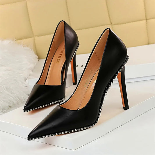 BIGTREE Sexy Rivets String Bead Women's Shoes Party Soft Leather Pointed Toe High Heels Pumps Spring Shallow Office Shoes Women