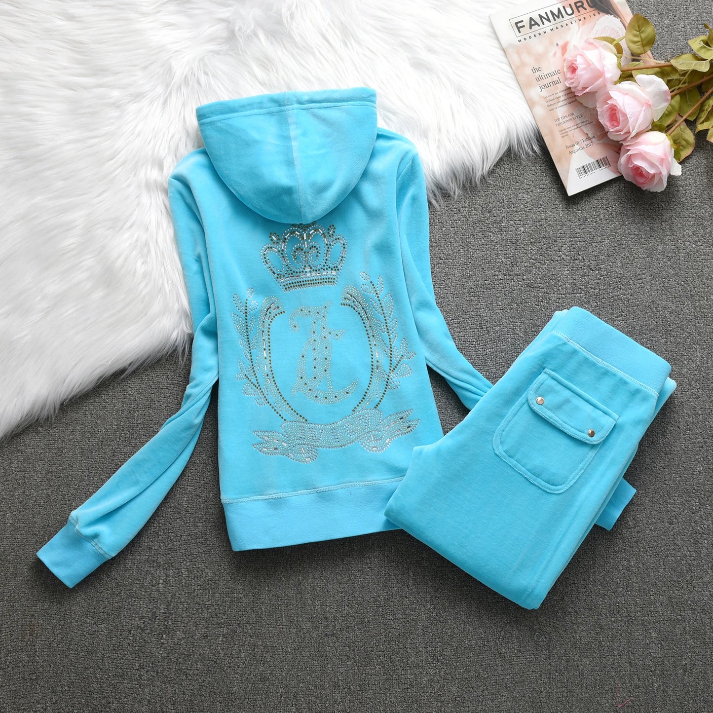 Velvet Tracksuit  New Winter Women Hooded Velvet Suit American Streetwear Casual Hooded Sweatshirt 2pc Casual Women's Suit