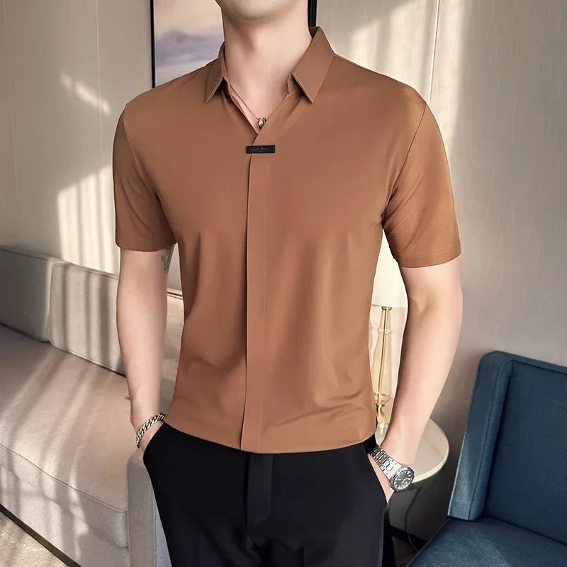 High Elasticity Mens Short Sleeved T-shirt 2024 Summer Breathable and Soft Solid Casual Slim Fit Ice Silk T-shirt Men Clothing