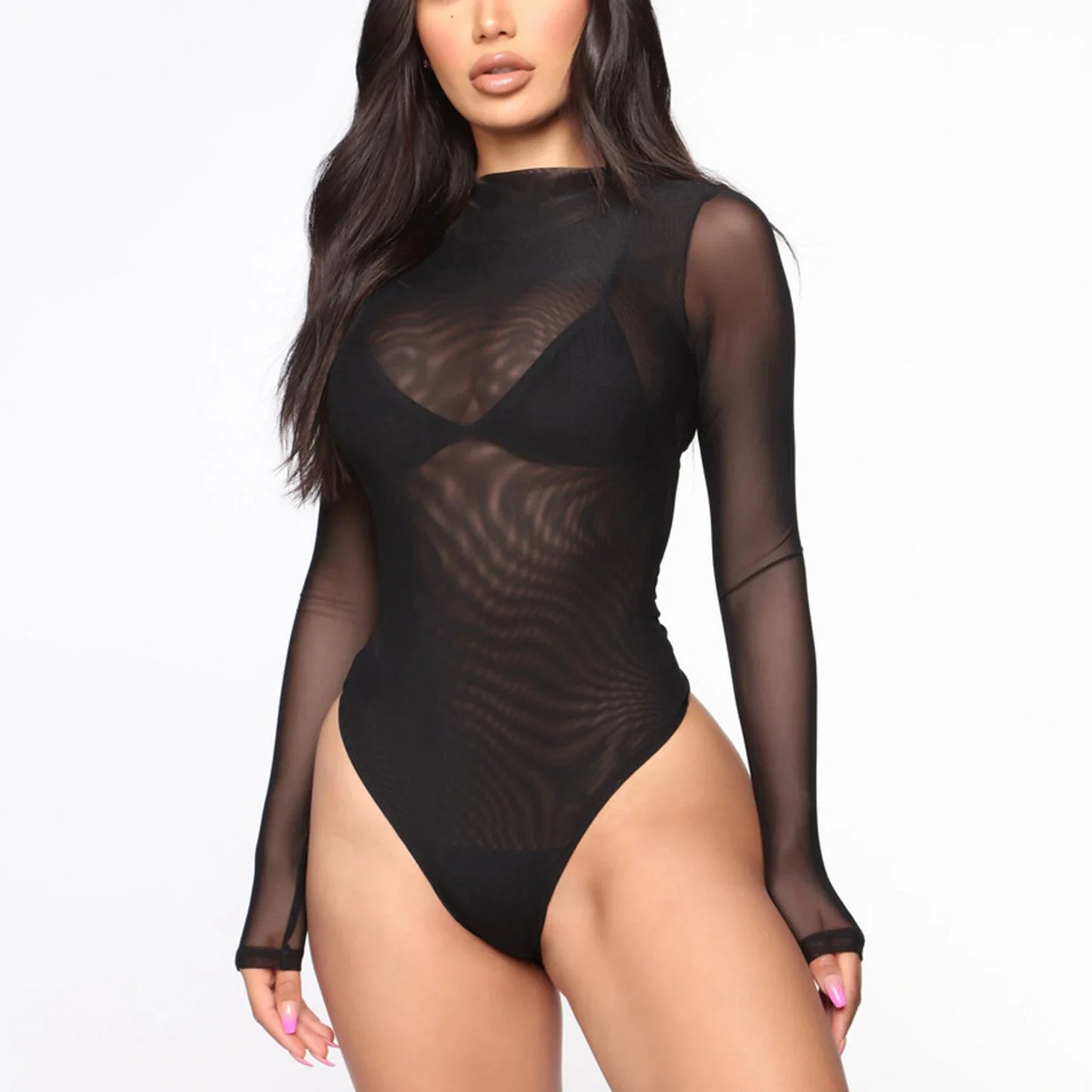 Womens Girls Fashion See-through Long Sleeve Bodysuit Lingerie Nightwear Crew Neck High Cut Leotard for Dating Nightclub Teddies