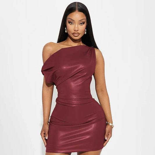 Elegant Sexy Inclined Shoulder Pu Leather Bodycon Mini Dress for Women