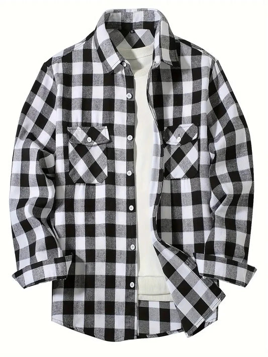 Men's Long-Sleeved Casual Button Shirt Plaid Regular Fit Classic Double Pocket Design Shirt Outerwear 6 colors