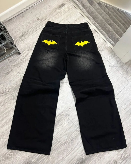 American Style Baggy Oversized Jeans Y2K Harajuku Retro Hip-hop Streetwear Gothic Bat Pattern Casual Straight Wide-leg Pants Men