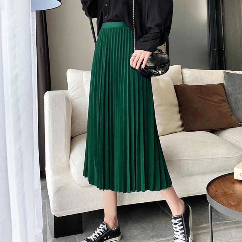 Elegant Green Pleated A Line Skirts for Women 2024 Fashion Satin High Waist Long Skirts Woman Spring Summer Solid Basic Skirt