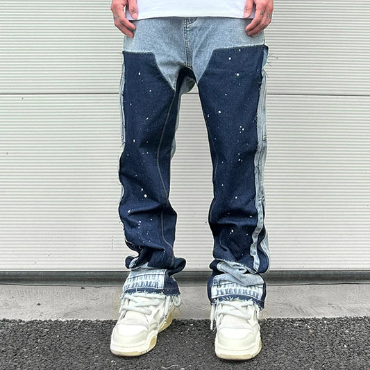 Streetwear Speckled Ink Color Match Y2K Baggy Jeans for Men Patchwork Rage Fringe Micro Denim Trousers Oversized Loose Cargos