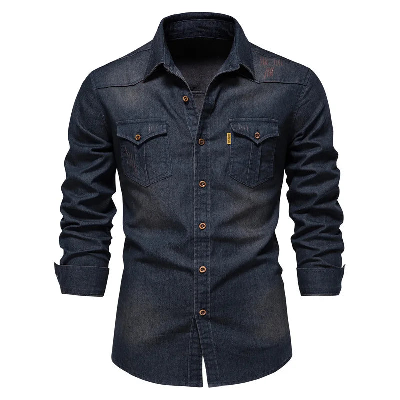 Fashion Autumn Cotton Denim Shirts Men Casual Long Sleeve Quality Cowboy Shirt Solid Color Slim Fit Elastic Jean Shirts for Men