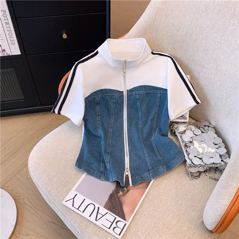 Summer New Stitched Zipper T-shirt top Female Set Elegant Women's Jeans Casual Blouse Two Piece Set Ladies Tracksuits big