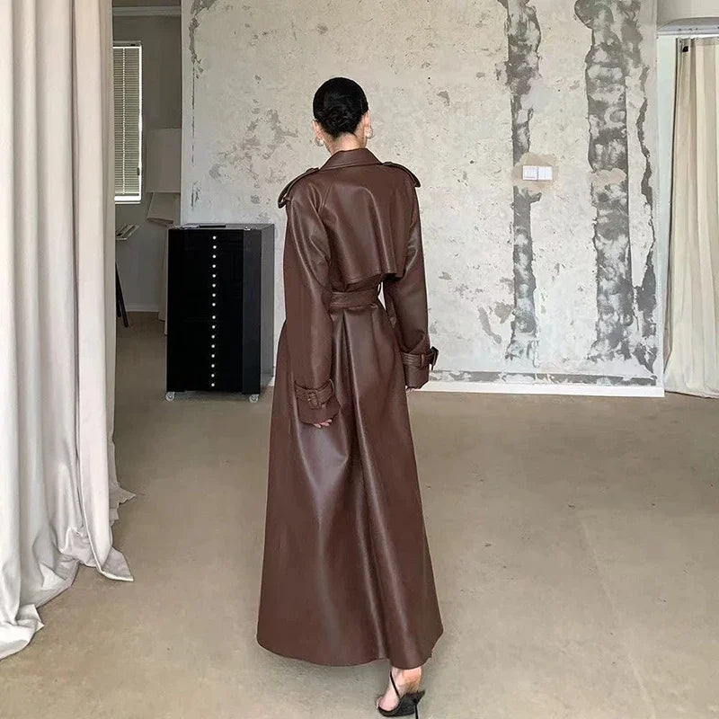 2024 Women New Fashion With Belt Long Style Single Breasted Faux Leather Coat Vintage Long Sleeve Pockets Female Outerwear