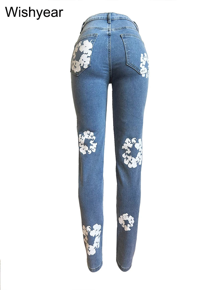 Fashion Spring Cotton stretch Flower Print Blue Jeans