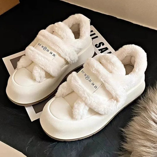 Thick Soled Fuzzy Cotton Shoes 2024 Winter New Casual Warm and Lightweight Solid Color Versatile Soft Women's Vulcanized Shoes