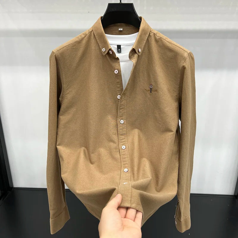 Fashion Brand Men's New Luxury Quality Autumn 100% Cotton Shirt Personalized Solid Color Exquisite Embroidery Long Sleeved Shirt