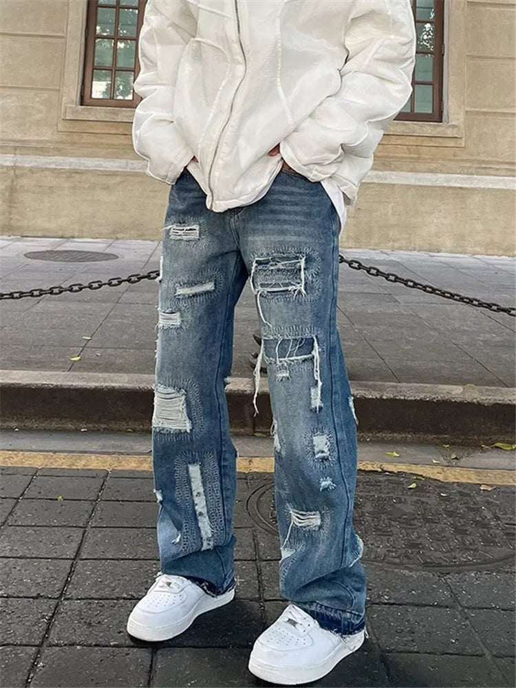 Blue High Street Jeans Men's Solid Color Hole Do Old Straight Leg Pants Loose Button Pockets Y2K Trousers A170