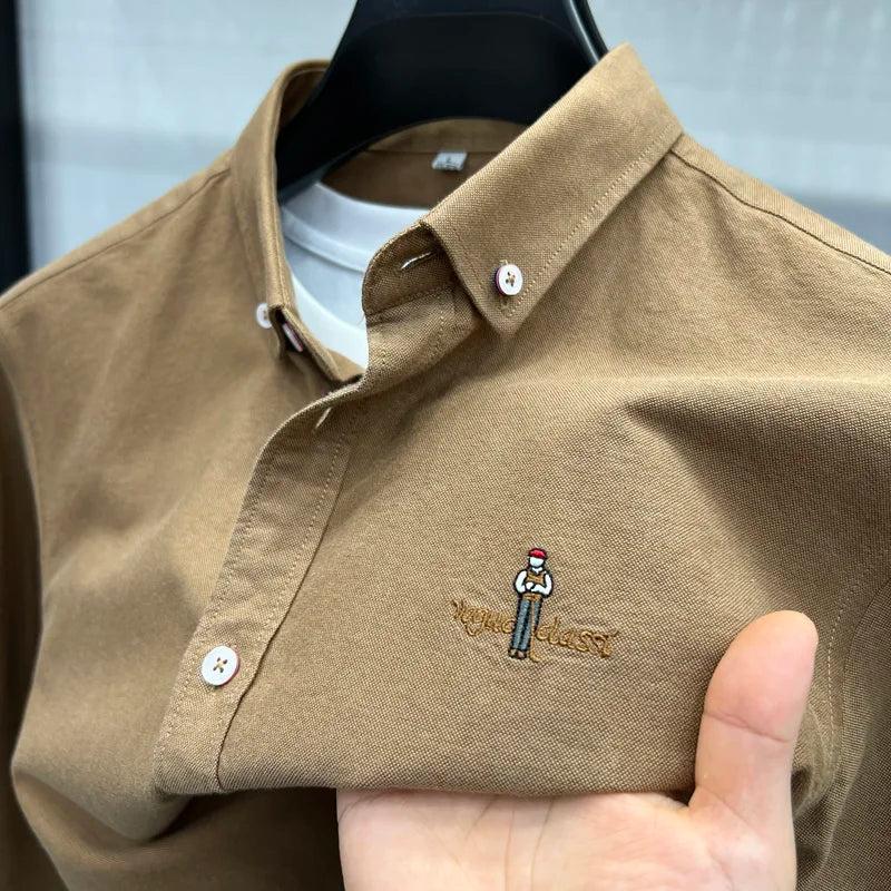 Fashion Brand Men's New Luxury Quality Autumn 100% Cotton Shirt Personalized Solid Color Exquisite Embroidery Long Sleeved Shirt