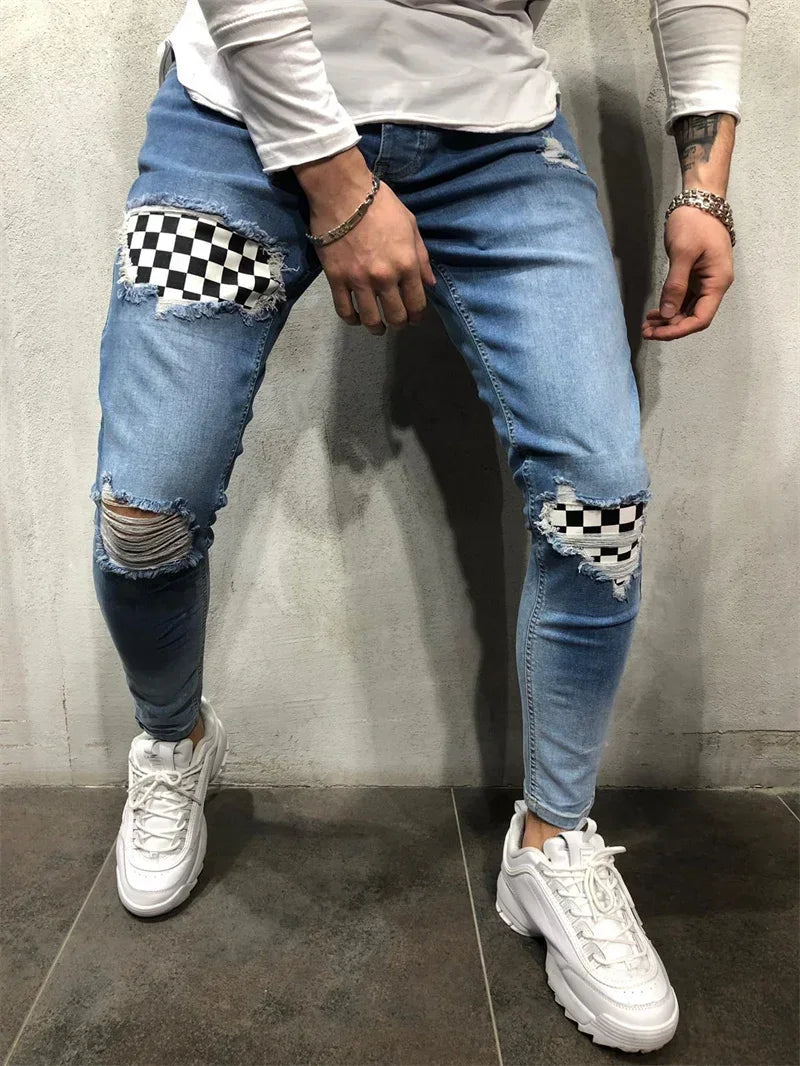 Men Casual Checkerboard Print jeans