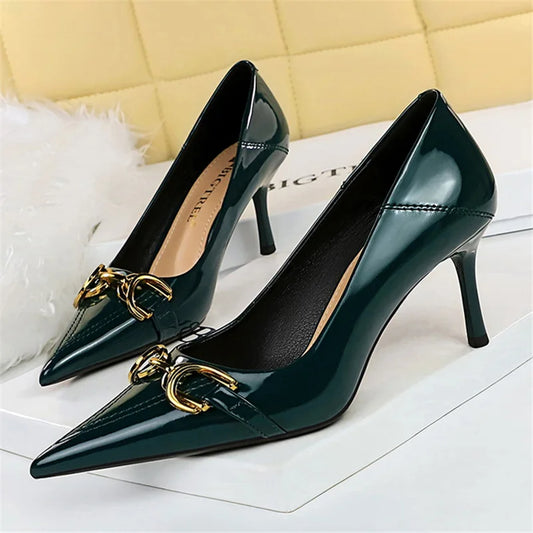 Women’s shoes Scarpins Metal Chain Buckle Low Heels Stiletto