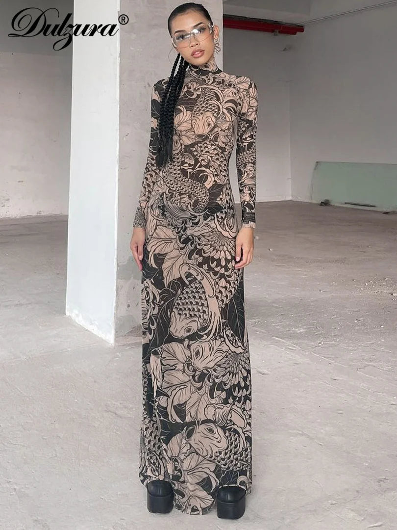 Dulzura Mesh Print Flower LongTurtleneck Maxi Dress