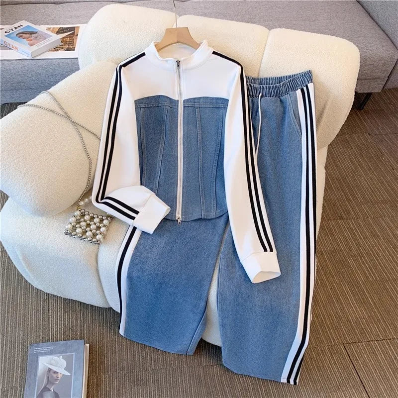 Summer New Stitched Zipper T-shirt top Female Set Elegant Women's Jeans Casual Blouse Two Piece Set Ladies Tracksuits big