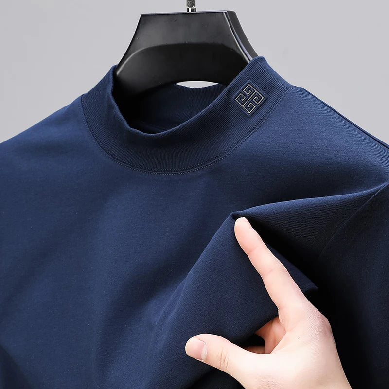 Advanced silk cotton long sleeved pullover comfortable 2024 autumn men's casual top fashionable embossed semi high neck sweater