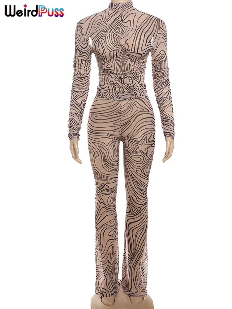 Weird Puss Mesh Zebra Print Women 2 Piece Set Sexy Coquette Thin Autumn Full Sleeve t-Shirts+Pants Matching Midnight Clubwear