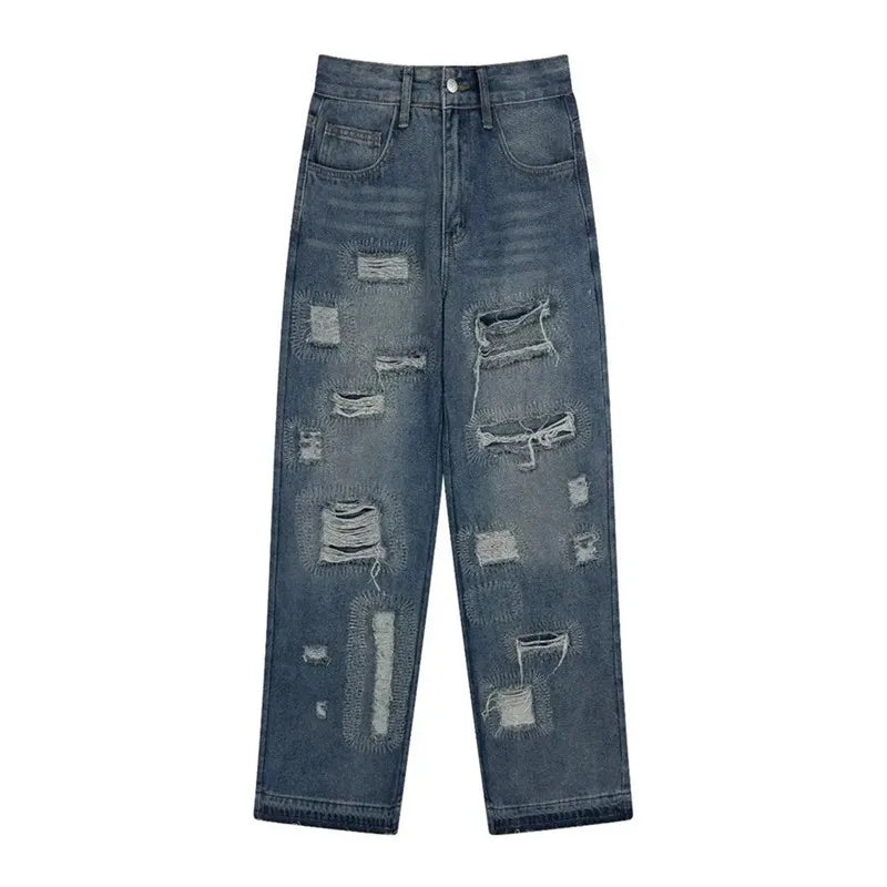 Blue High Street Jeans Men's Solid Color Hole Do Old Straight Leg Pants Loose Button Pockets Y2K Trousers A170