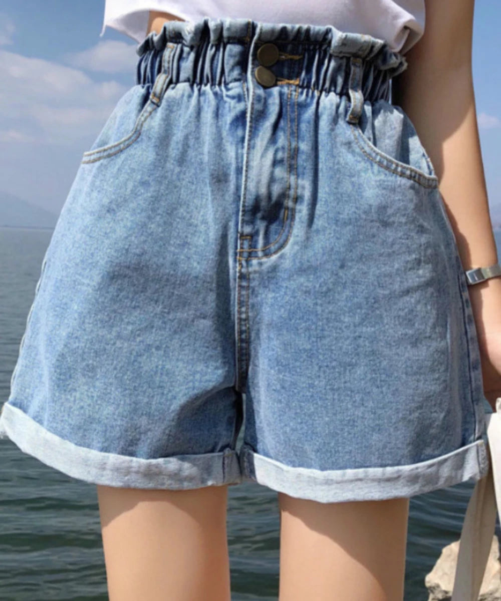 Y2k Summer Black Women Denim Shorts Women S-5XL Harem Ruffled White Blue High Waisted Shorts Female Elastic Short Jeans