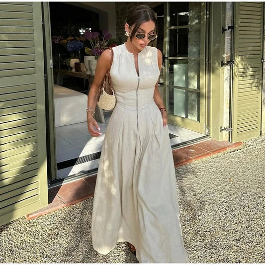 Fashion Sleeveless High Waist Zipper Maxi Dress