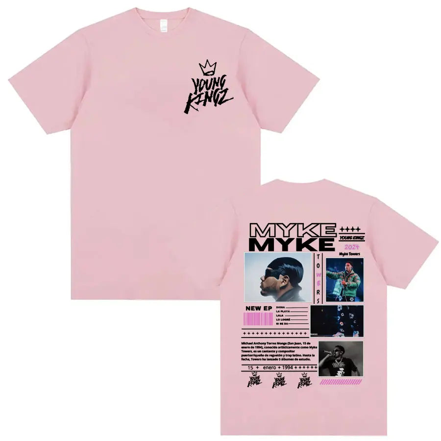 Rapper Myke Towers Young Kingz Album Graphics T Shirts Men Women Fashion Vintage Hip Hop T-shirt Casual Cotton Oversized T Shirt