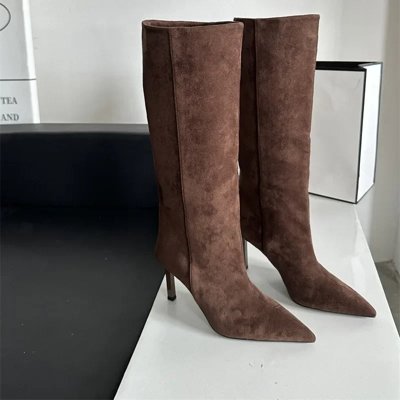 Fashion Retro Minimally Pointed Suede slim High Heels Knight Boots slip-on Knee-high Women's Shoes Pumps Botas De Mujer