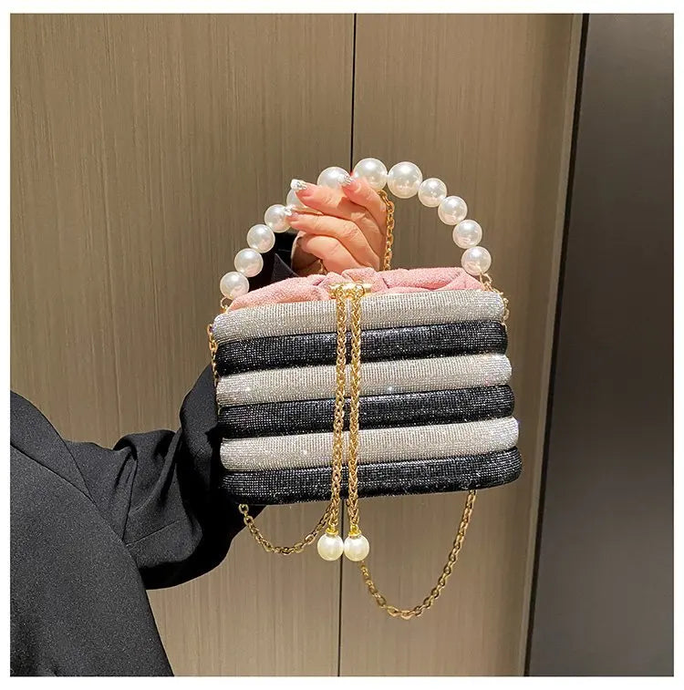 Clutch Purse Luxury for Women Pearl Crossbody Bag Metallic Diamond Handbag Evening Bag Large Capacity Women's Purse Wedding Bag