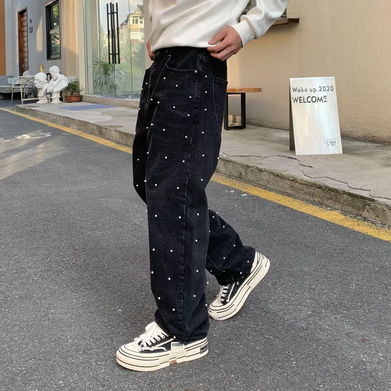 Korean Fashion Straight Jeans Men Heavy Industry Beads American Street Wear New Loosen Fit Mid Waist Denim Pants Autumn