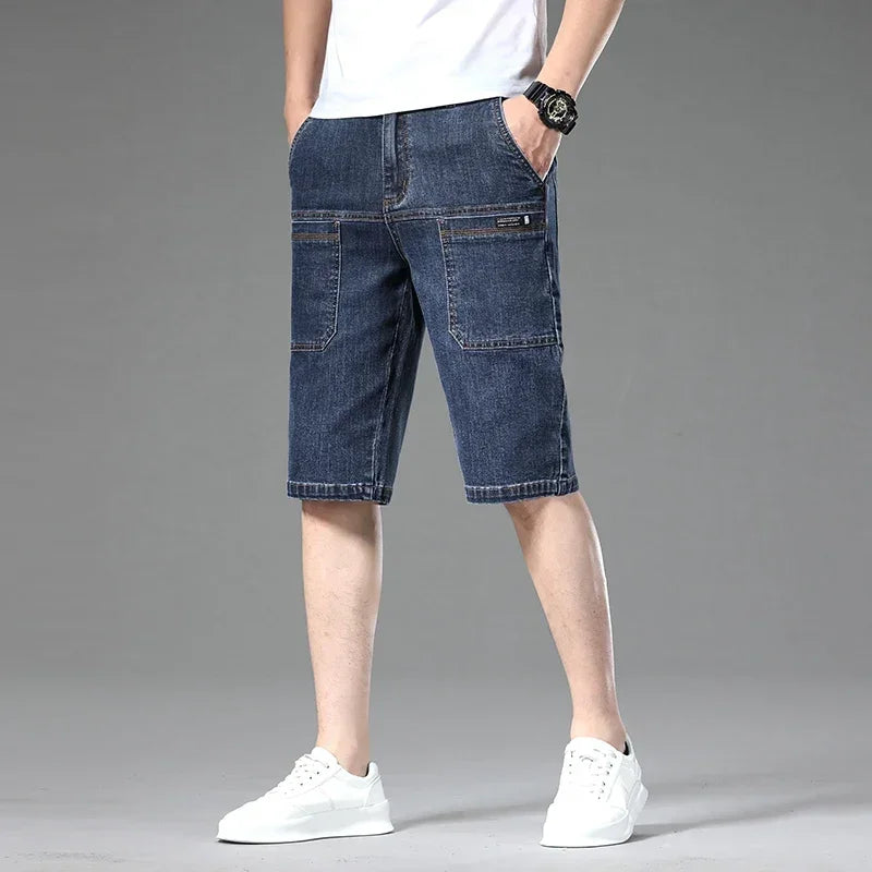 Summer Multi-pocket Thin Denim Shorts for Men Loose Straight Stretch Versatile Casual Short Jeans Male Brand Clothing