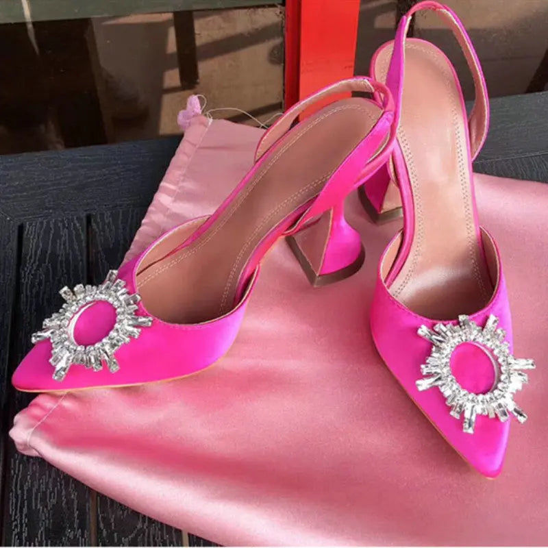 Women Pumps Silk Satin Pointy Toe Rhinestone Crystal High Heels