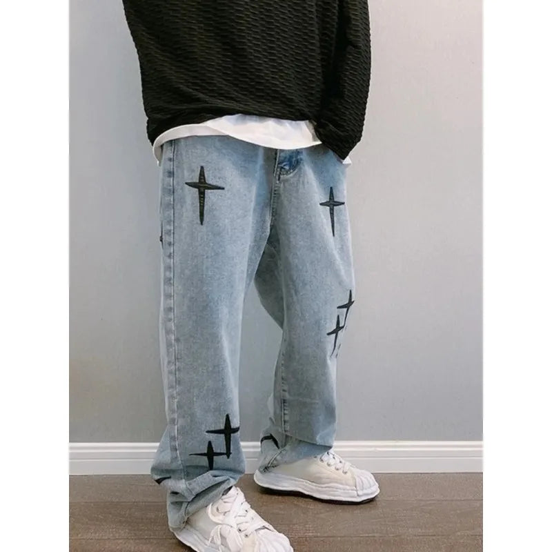 New Embroidery Jeans Men Wide Leg Cargo Pants Streetwear Baggy Men Loose Straight Male Clothing Y2K Jeans Hip Hop Trousers