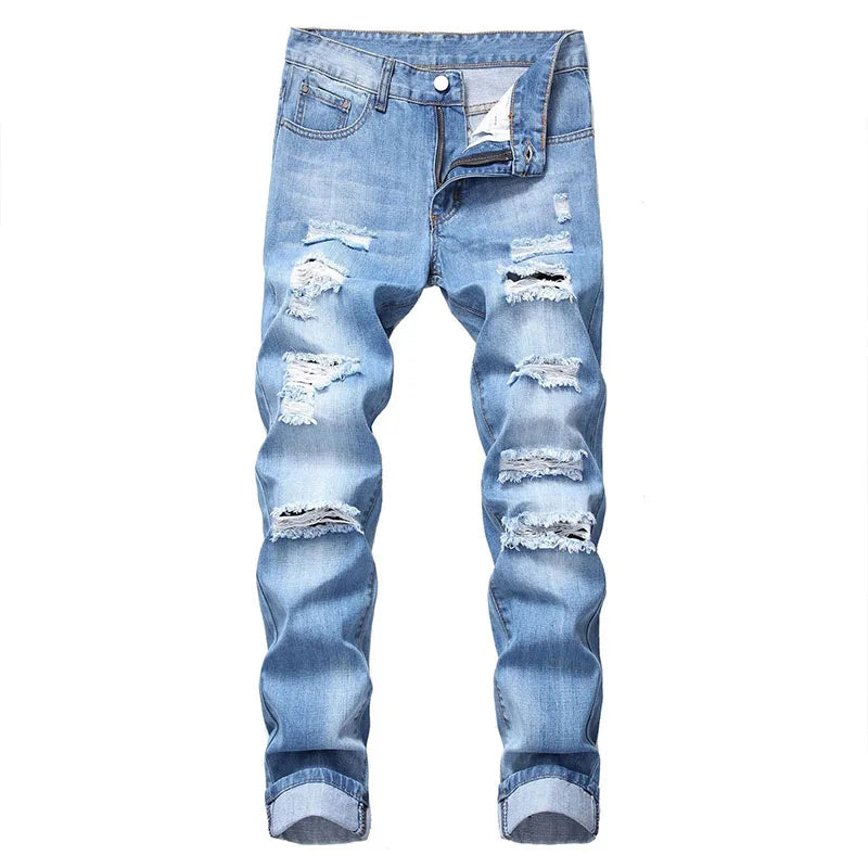 New Mens Jeans Brands Straight Jeans Men Zipper Hole Streetwear Casual Pants Denim Trousers Pantalones Hombre Y2K Clothing