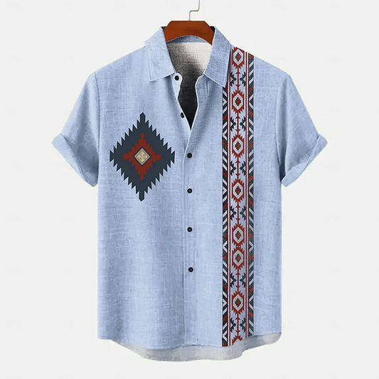 Vintage Men's Shirt Ethnic Pattern Printed Short Sleeve Lapel Shirt Summer Fashion Casual Street Men's Lapel Top Large Size Comf