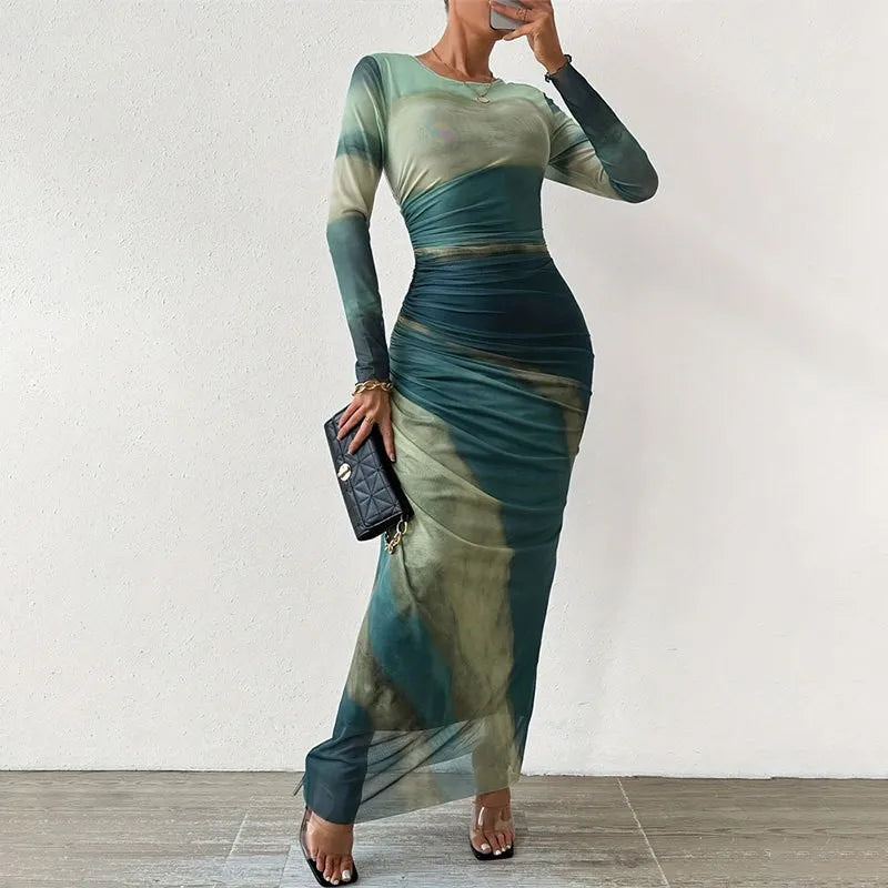 Tie Dye Green Mesh Corset Dress Autumn Elegant Women Dresses Bodycon Long Sleeve Dress Print Maxi Ruched Through Female Dress