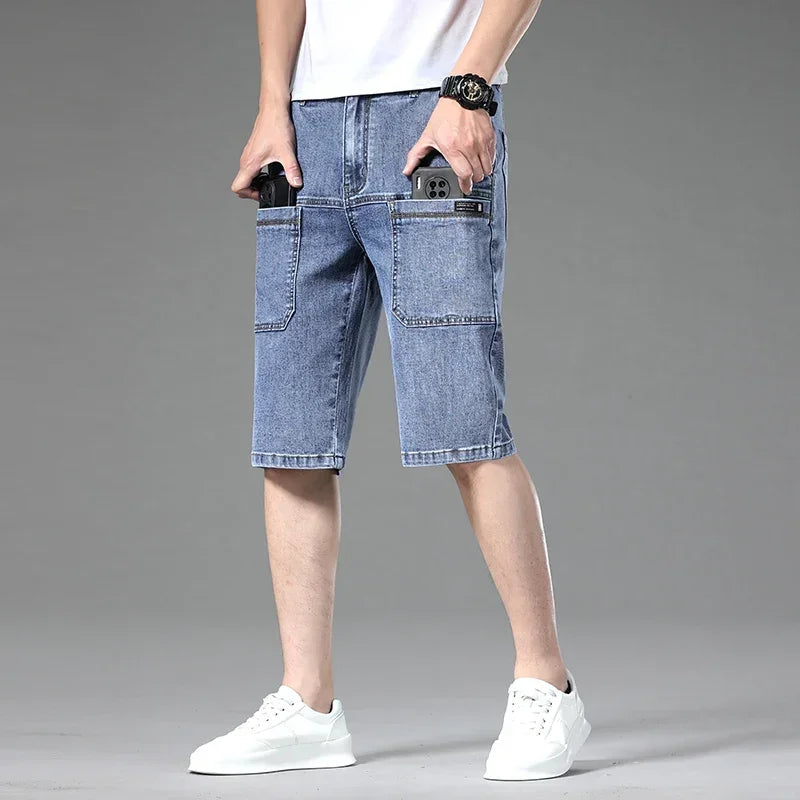 Summer Multi-pocket Thin Denim Shorts for Men Loose Straight Stretch Versatile Casual Short Jeans Male Brand Clothing