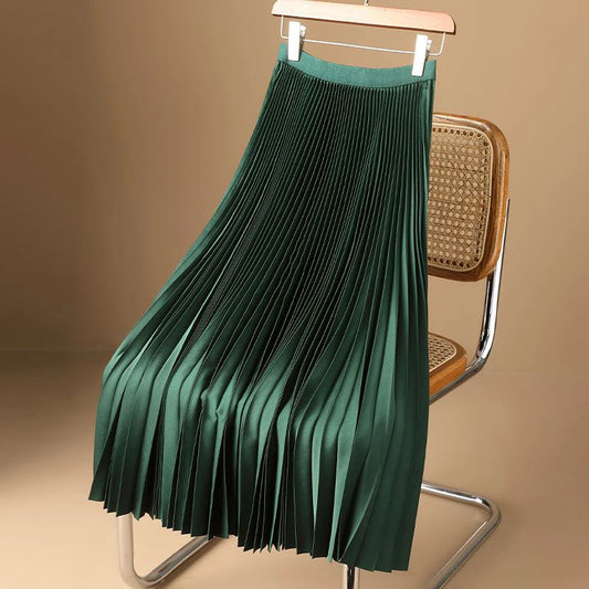 Elegant Green Pleated A Line Skirts for Women 2024 Fashion Satin High Waist Long Skirts Woman Spring Summer Solid Basic Skirt