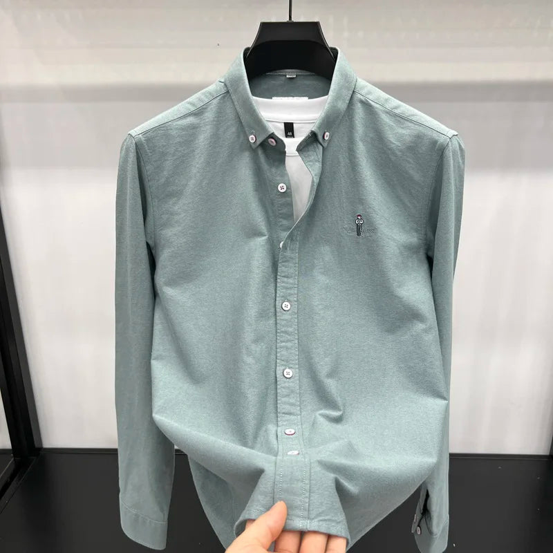 Fashion Brand Men's New Luxury Quality Autumn 100% Cotton Shirt Personalized Solid Color Exquisite Embroidery Long Sleeved Shirt