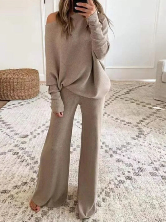 Fashion Long-sleeved Slope Collar Top + Pants 2-piece Set For Women Autumn Winter Solid Color Loose Casual Knitted Suit Female