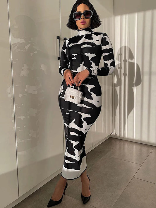 Turtleneck Cow Print Bodycon Maxi Dress