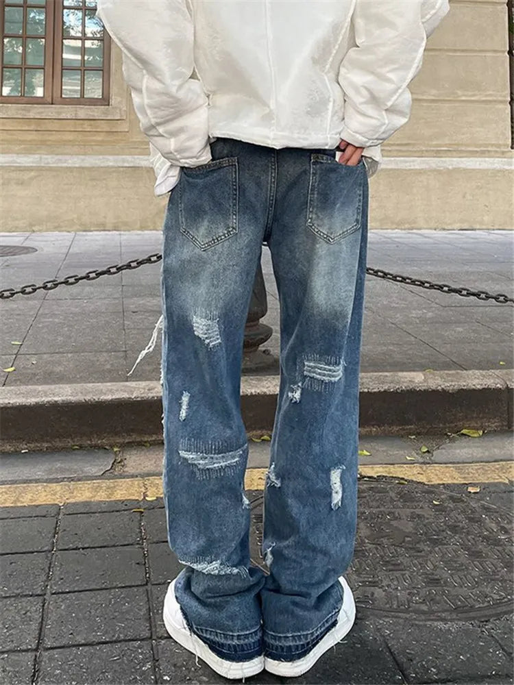 Blue High Street Jeans Men's Solid Color Hole Do Old Straight Leg Pants Loose Button Pockets Y2K Trousers A170