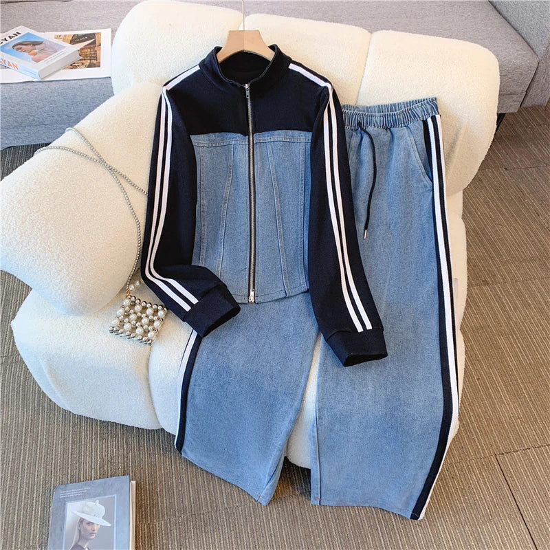 Summer New Stitched Zipper T-shirt top Female Set Elegant Women's Jeans Casual Blouse Two Piece Set Ladies Tracksuits big