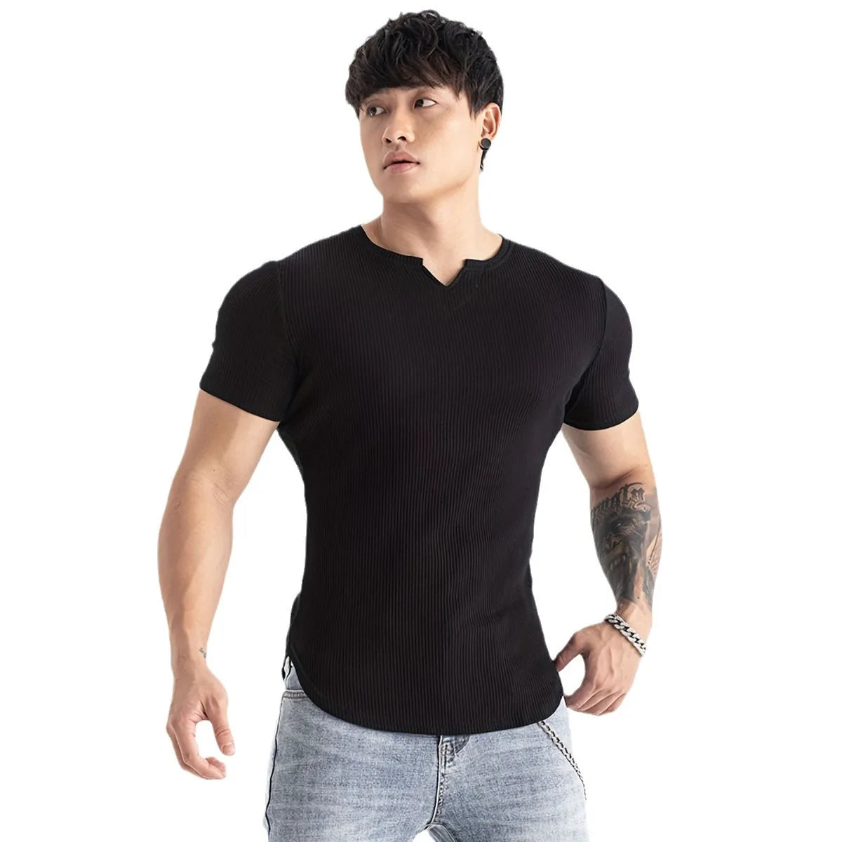 Mens T Shirt V Solid V Collar Short Sleeved Tops Tees Men T-Shirt Black Tights Man T-Shirts Fitness For Male Clothes Fitness 2XL