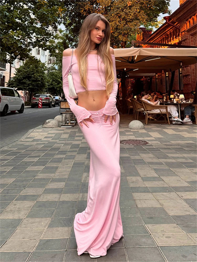 Absobe Bow Tie Shiring Maxi Skirt Suit Women Long Sleeve Off Shoulder Crop Top Patchwork Lace Edge Long Skirt Hottie Slim Outfit